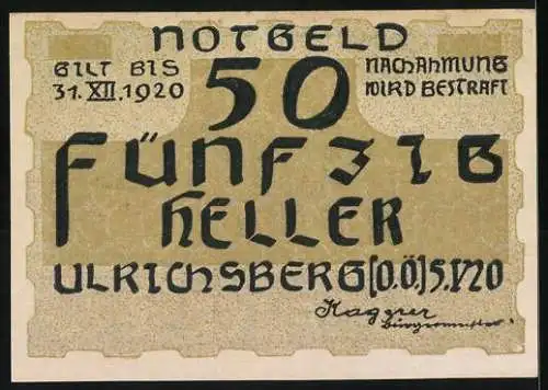 Notgeld Ulrichsberg 1920, 50 Heller, Landschaft mit Gebirge und Turm im Hintergrund