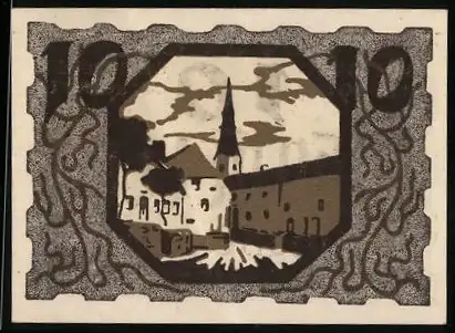 Notgeld Ulrichsberg 1920, 10 Heller, Stadtansicht mit Kirche, gültig bis 31.12.1920