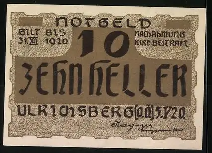 Notgeld Ulrichsberg 1920, 10 Heller, Stadtansicht mit Kirche, gültig bis 31.12.1920