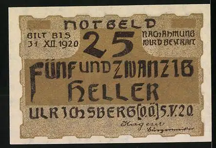 Notgeld Ulrichsberg 1920, 25 Heller, Obernhof, Ortsansicht & Ornamente