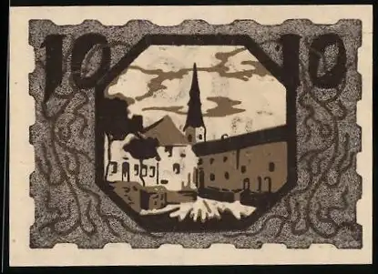 Notgeld Ulrichsberg 1920, 10 Heller, Stadtansicht mit Kirche, gültig bis 31.12.1920