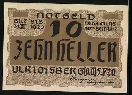 Notgeld Ulrichsberg 1920, 10 Heller, Stadtansicht mit Kirche, gültig bis 31.12.1920