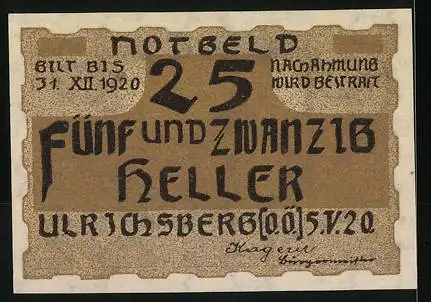 Notgeld Ulrichsberg 1920, 25 Heller, Obernhof, Kirche und dekorative Ranken