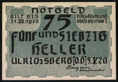 Notgeld Ulrichsberg 1920, 75 Heller, Dame in Tracht