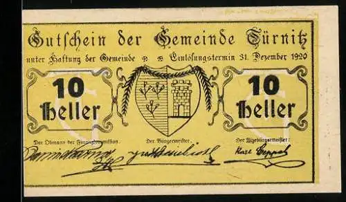 Notgeld Türnitz 1920, 10 Heller, Wappen der Gemeinde mit Signaturen