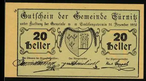 Notgeld Türnitz 1920, 20 Heller, Wappen und Unterschriften