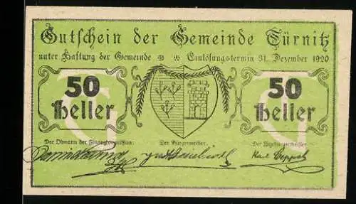 Notgeld Türnitz 1920, 50 Heller, Gemeindewappen mit Pflanzenmotiv