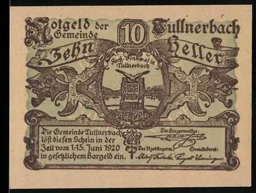 Notgeld Tullnerbach 1920, 10 Heller, Jagd-Denkmal in Tullnerbach