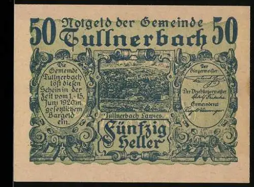 Notgeld Tullnerbach 1920, 50 Heller, Stadtansicht mit Textfeldern und Verzierungen