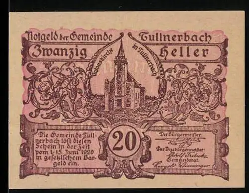 Notgeld Tullnerbach 1920, 20 Heller, Kirche und Verzierungsmuster