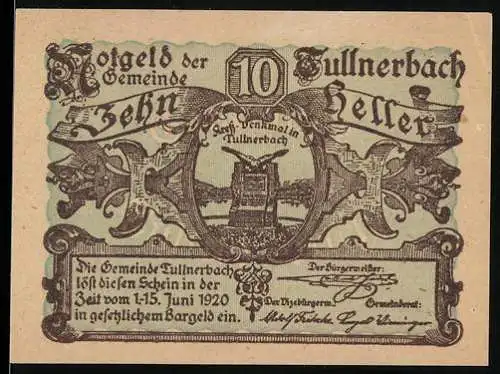 Notgeld Tullnerbach 1920, 10 Heller, Gemeindeamt mit dekorativem Rahmen