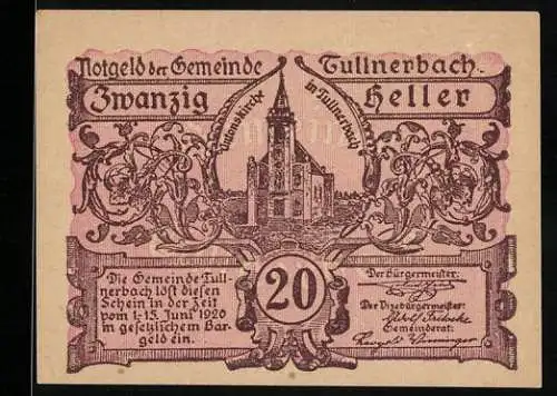 Notgeld Tullnerbach 1920, 20 Heller, Kirche mit Ornamenten und Text, violettbraun