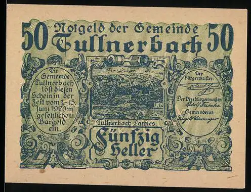 Notgeld Tullnerbach 1920, 50 Heller, detaillierte Ornamente und Landschaftsmotiv