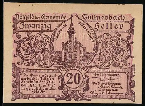 Notgeld Tullnerbach 1920, 20 Heller, Kirche in Tullnerbach, kunstvolle Verzierung