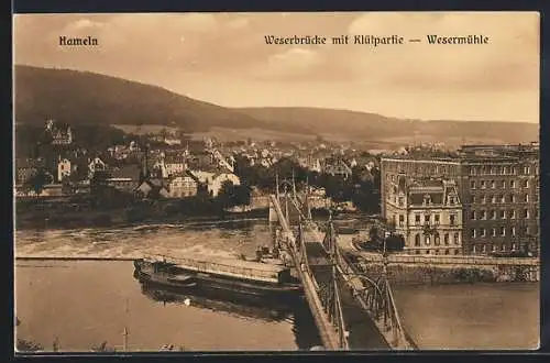 AK Hameln, Weserbrücke mit Klütpartie, Wesermühle