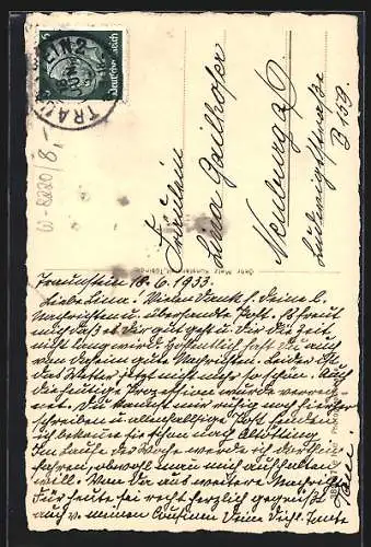 AK Traunstein, Luitpoldbrunnen mit Kirchturm