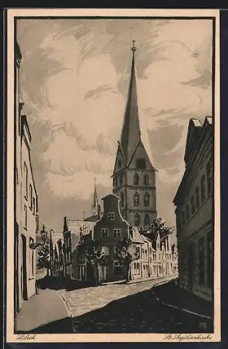 Künstler-AK Lübeck, St. Aegidienkirche mit Strasse