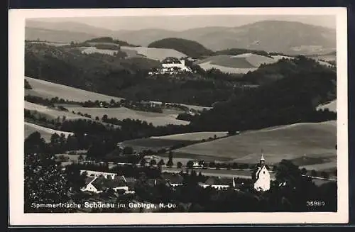 AK Schönau im Gebirge, Ortsansicht mit Blick ins Land aus der Vogelschau