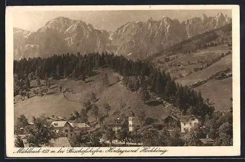 AK Mühlbach bei Bischofshofen, Ortsansicht mit Hochkönig-Panorama aus der Vogelschau