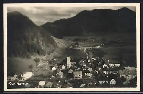 AK Gaming /N.-Ö., Teilansicht mit Bergpanorama bei düsterem Wetter