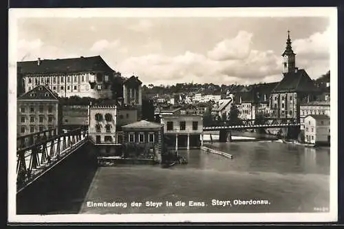 AK Steyr, Einmündung der Steyr in die Enns, Ortspartie mit Brücke