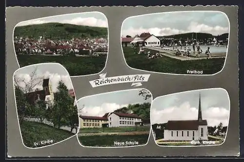 AK Reichenbach / Fils, Freibad, Kirche, Schule