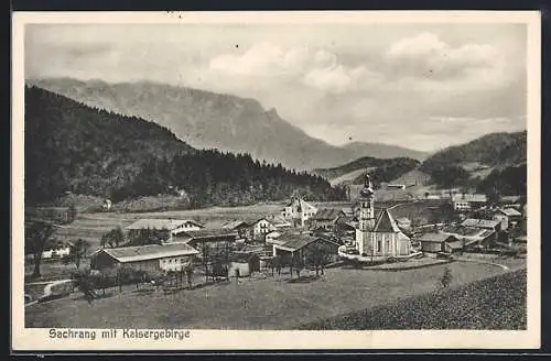 AK Sachrang, Ortspartie mit Kirche und Kaisergebirge