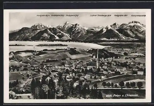AK Prien, Gesamtansicht mit Hochfelln, Hochkalter, Hochgern, Loferer Steinberge, Hochplatte, Kampenwand