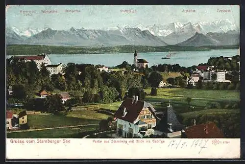 AK Starnberg, Partie aus Starnberg mit Blick ins Gebirge und auf den Starnberger See