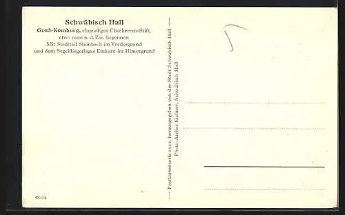 AK Schwäbisch Hall, Gross-Komburg, Ehemaliges Chorherren-Stift mit Steinbach, Im Hintergrund Segelfligerlager Einkorn