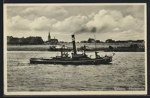 AK Walsum, Rheinpartie mit Dampfboot, Im Hintergrund Kirche