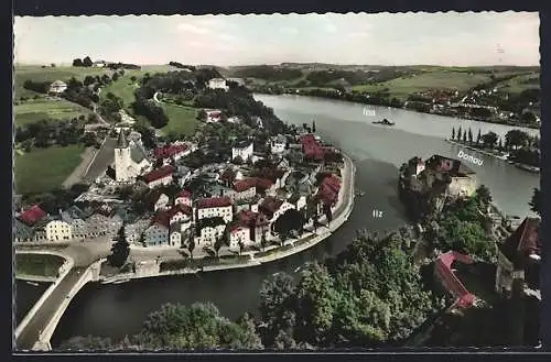 AK Passau, Blick vom Oberhaus auf Niederhaus und Ilzstadt mit Donau, Inn und Ilz