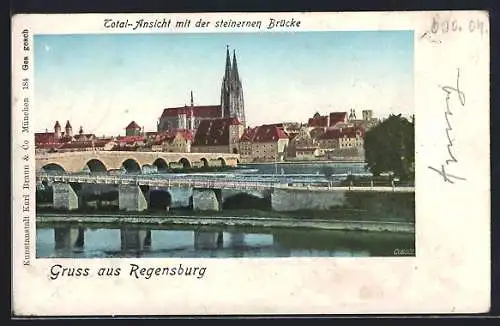 AK Regensburg, Panorama mit Steinerner Brücke