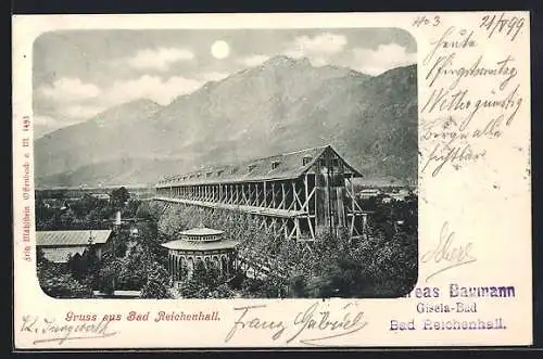 AK Bad Reichenhall, Ortspartie mit Pavillon bei Mondschein