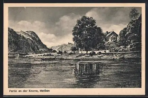 Künstler-AK Meissen / Elbe, Partie an der Knorre