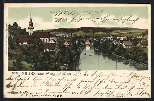 AK Mergelstetten, Ortsansicht mit Flusslauf