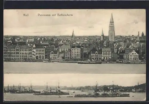 AK Kiel, Kriegshafen, Panorama mit Rathausturm