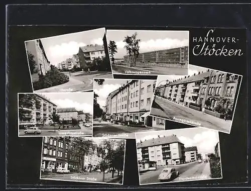 AK Hannover-Stücken, Volkswagenwerk, Stückener Strasse mit Geschäften, Freudenthalstrasse