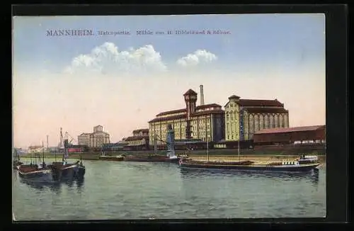 AK Mannheim, Hafenpartie, Mühle von H. Hildebrand & Söhne