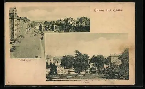 AK Cassel, Drahtsteg, Fuldabrücke mit Uferstrasse