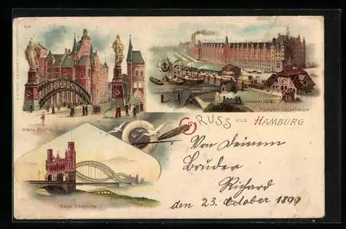 Lithographie Hamburg, Freihafen, Lagerhäuser, Brooks Brücke, Neue Elbbrücke