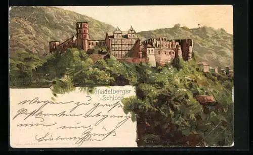 Lithographie Heidelberg, Totalansicht vom Heidelberger Schloss