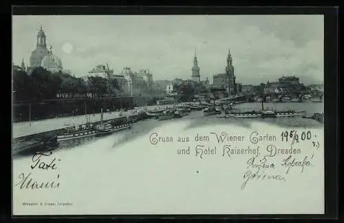 Mondschein-AK Dresden, Stadtpanorama mit Uferstrasse und Schiffen