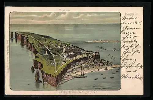 Lithographie Insel Helgoland, Gesamtansicht mit Strand aus der Vogelschau