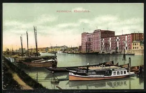 AK Mannheim, Rheinhafen, Partie mit Lagerhaus und Schiffen