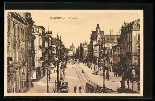 AK Mannheim, Planken, Strassenpartie mit Strassenbahn