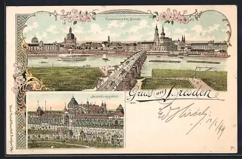 Lithographie Dresden, Ausstellungspalast und Totalansicht