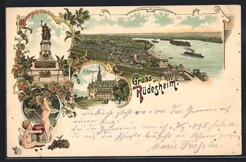 Lithographie Rüdesheim / Rhein, Rochuskapelle, Niederwalddenkmal, Panorama