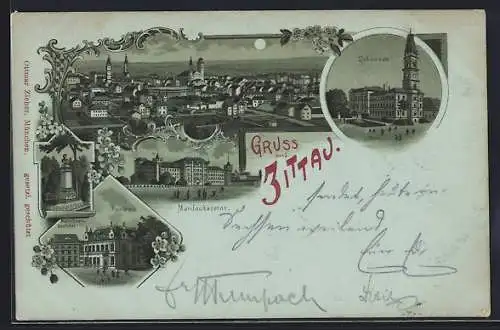 Mondschein-Lithographie Zittau, Mandaukaserne, Johanneum, Postamt und Denkmal