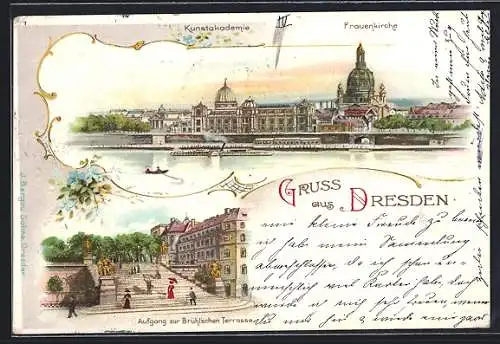 Lithographie Dresden, Panorama mit Frauenkirche, Aufgang zur Brühlschen Terrasse